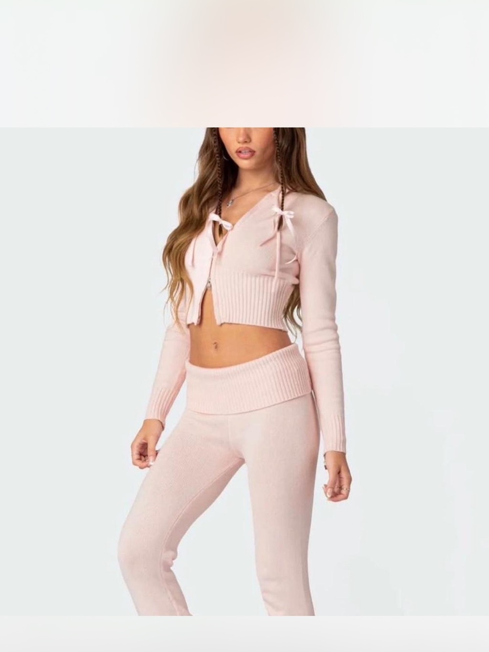 Edikted Pale Pink Ribbed Knit Crop Cardigan & High-Waist Pants Set